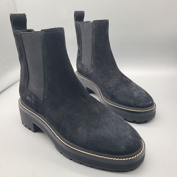TORY BURCH Chelsea women boots black leather Suede lug sole size 6.5 New $378 - Picture 2 of 10
